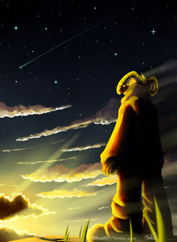 anthro clothing cloud detailed_background hoodie horn male night outside sky solo standing star sunset topwear savvart undertale undertale_(series) asriel_dreemurr boss_monster_(undertale) bovid caprine goat mammal hi_res