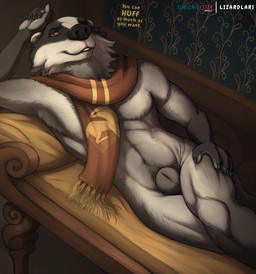 animal_genitalia anthro biped black_body black_fur black_sheath_slit brown_eyes closed_sheath_slit fully_sheathed fur furniture genitals grey_body grey_fur head_stripe hufflepuff looking_at_viewer lying male mostly_nude multicolored_body multicolored_fur on_side on_sofa scarf scarf_only seductive sheath sheath_slit smile smiling_at_viewer sofa solo talking_to_viewer text white_body white_fur lizardlars harry_potter_(series) badger mammal mustelid musteline 2026 digital_media_(artwork) english_text hi_res