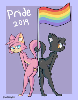 anthro balls between_butts black_body black_fur blue_eyes butt butt_squish duo entwined_tails flag flag_(object) flagpole fur genitals lgbt_pride male male/male object_between_buttocks object_between_cheeks orange_eyes pink_body pink_fur pole pole_between_buttocks pride_color_flag pride_colors rainbow_flag rainbow_pride_colors rainbow_pride_flag rainbow_symbol six-stripe_rainbow_pride_colors squish tail tail_coil text sinsxie domestic_cat felid feline felis mammal absurd_res hi_res watermark