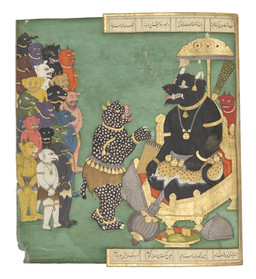 2_horns animal_print anklet anthro armlet arrow_(weapon) beard bell belt biped bottomwear bowl bracelet chain chair claws clothed clothed_anthro clothed_male clothing container crowd detailed_background duo_focus facial_hair fangs finger_claws food fruit furniture group horn jewelry kneeling larger_male leopard_print mace male male_anthro male_humanoid markings melee_weapon navel neckband necklace neckwear nipples parasol plant plantigrade proboscis_(anatomy) ranged_weapon seiza shield side_view sitting size_difference spots spotted_body standing tail teeth text text_box throne toe_claws topless topless_anthro topless_humanoid topless_male trunk_(anatomy) tusks weapon miran_(artist) iranian_mythology middle_eastern_mythology mythology samnameh bovid demon elephantid felid humanoid mammal proboscidean 18th_century absurd_res ancient_art hi_res painting_(artwork) persian_text traditional_media_(artwork) traditional_painting_(artwork) translation_request