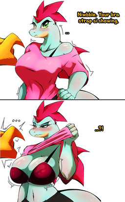 anthro big_breasts black_clothing blue_body blue_skin blush body_blush bra breast_blush breasts clothing curvy_figure duo female feral first_person_view flirting fur green_eyes hand_on_hip hourglass_figure huge_breasts imminent_sex male male/female motion_lines pink_clothing pink_shirt pink_topwear presenting presenting_bra presenting_breasts red_bra red_clothing red_underwear shirt smile spikes spikes_(anatomy) text topwear underwear wide_hips yellow_body yellow_fur brennan_d_vries bra_strap_showing_(meme) meme_clothing nintendo pokemon ekizzo niwbble feraligatr generation_2_pokemon humanoid pokemon_(species) scalie typhlosion 2026 absurd_res english_text hi_res meme tagme