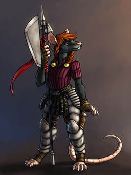 anthro armor armor_plates axe black_body black_fur bottomwear braided_hair braided_pigtails clothed clothing feet female fingers fur greaves green_eyes grey_body grey_fur hair handwear holding_melee_weapon holding_object holding_weapon melee_weapon padded_armor pigtails rat_tail red_hair simple_background standing tail teeth topwear weapon commissar-k akna_(bahumot) mammal murid murine rat rodent digital_media_(artwork) hi_res