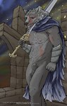 angry animal_genitalia anthro armor blue_eyes cloak clothing fangs fur genitals grey_body grey_fur looking_at_viewer male melee_weapon nipples ruins scar sheath shirtless solo sword teeth text weapon mercrantos elden_ring fromsoftware blaidd_(elden_ring) canid canine canis mammal wolf hi_res url