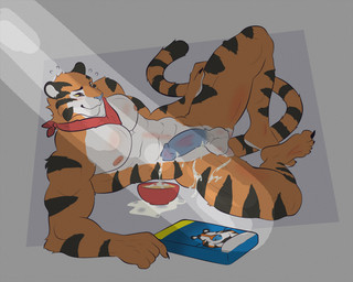 abs after_orgasm anthro athletic athletic_anthro athletic_male balls biceps blue_penis bodily_fluids bowl cereal cereal_bowl cereal_box claws container cum cum_in_bowl cum_in_container cum_on_food cum_on_ground cum_on_leg finger_claws food genital_fluids genitals humanoid_genitalia humanoid_penis kerchief kerchief_only light light_beam looking_at_genitalia looking_at_penis male mascot mostly_nude muscular muscular_anthro muscular_male nipples on_ground pecs penis simple_background smile solo striped_body stripes sunbeam sunlight tail toe_claws lp frosted_flakes kellogg's tony_the_tiger felid mammal pantherine tiger hi_res
