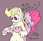 anthro anthrofied blonde_hair bodily_fluids breast_grab breasts cutie_mark dialogue duo erect_nipples female female/female grope hair hand_on_breast heart_symbol licking navel nipples nude pink_hair simple_background square_crossover sweat sweatdrop text tongue tongue_out atryl friendship_is_magic hasbro my_little_pony pinkie_pie_(mlp) surprise_(pre-g4) earth_pony equid equine horse mammal pony digital_media_(artwork) english_text hi_res