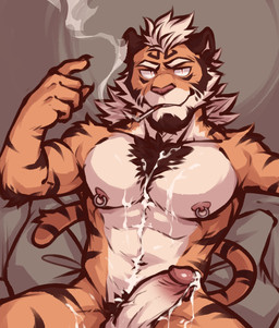 5_fingers abs anthro biceps biped bodily_fluids chest_tuft cigarette claws cum cum_drip cum_on_belly cum_on_body cum_on_chest cum_on_leg cum_on_penis cum_on_self cum_string dripping ejaculation erection eyebrows facial_hair fingers foreskin fur genital_fluids genitals hair humanoid_genitalia humanoid_penis looking_at_viewer lying male manly markings multicolored_body multicolored_fur muscular muscular_anthro muscular_arms muscular_male navel nipple_piercing nipples nude object_in_mouth on_back orange_body orange_fur orange_tail orgasm pecs penis piercing pubes simple_background smoke smoking solo striped_body striped_fur striped_markings striped_tail stripes tail tail_markings teeth triceps tuft two_tone_tail vein veiny_penis white_body white_fur flunky tyga_(flunky) felid mammal pantherine tiger absurd_res hi_res