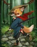 4_toes ambiguous_gender anthro bamboo bamboo_hat biped claws clothing detailed_background feet footwear hat headgear headwear kemono moss open_mouth plant raised_leg samurai sandals shoes solo standing teeth toes warrior young young_anthro totatetta canid canine fox mammal 2016 absurd_res hi_res