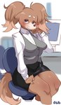 anthro biped bottomwear brown_body brown_fur business_suit chair clothing computer desk dmv electronics eyebrows female fur furniture grey_eyes inside sitting skirt smile solo suit swivel_chair table thick_thighs white_body white_fur lightsource aggretsuko sanrio driving_school_receptionist bird_dog canid canine canis domestic_dog hunting_dog mammal papillon toy_dog hi_res