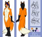 anthro belly biped black_hair blue_highlights featureless_crotch fluffy fluffy_tail fur gloves_(marking) hair highlights_(coloring) leg_markings looking_at_viewer male markings multiple_poses navel nude open_mouth orange_body orange_fur paws pink_nose pose simple_background smile socks_(marking) solo standing tail white_background white_belly white_body white_fur toraneko ari_(aristeia) canid canine fox mammal 2014 model_sheet