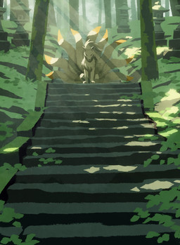 9_tails ambiguous_feral ambiguous_gender blonde_hair chest_tuft dipstick_tail eyes_closed feral fur hair japanese_architecture light light_beam markings multi_tail orange_tail_tip outside plant sitting solo stairs sunbeam sunlight tail tail_markings torii_gate tuft yellow_body yellow_fur yellow_tail hyogonosuke nintendo pokemon generation_1_pokemon ninetales pokemon_(species) absurd_res colored digital_media_(artwork) hi_res shaded