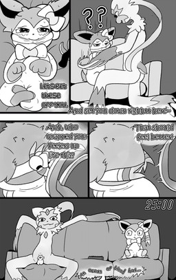 animal_genitalia animal_penis balls bdsm bed bodily_fluids bondage bound butt claws cleave_gag cloth_gag crying dialogue electronics female feral furniture gag gagged genitals halftone_background halftone_dots halftone_shading manga_style nude nude_female nude_male pattern_background penis sad sheath simple_background sofa spread_legs spreading sweat tail tears television timer timer_display vulva watching_movie watching_television young young_female poofythedragon nintendo pokemon eeveelution generation_6_pokemon generation_8_pokemon pokemon_(species) sneasler sylveon comic halftone hi_res