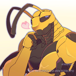 antennae_(anatomy) biceps blue_eyes brown_body heart_symbol looking_at_viewer male muscular muscular_male nude pecs simple_background yellow_body mrputt ogden_(entitropy) arthropod hornet hymenopteran insect vespid wasp 1:1 hi_res