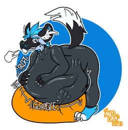 abdominal_bulge anthro barefoot bent_over breath claws clenched_teeth clothed clothing digestion digestion_noises fangs feet fur hair hand_on_belly inner_ear_fluff latex latex_clothing latex_skinsuit looking_at_viewer male raised_tail skinsuit smile smiling_at_viewer soft_vore solo tail teeth tight_clothing tuft vore awoogasm fan_character canid canine canis domestic_dog mammal 2021 signature
