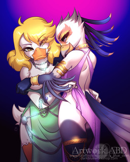 anthro assisted_exposure beak blonde_hair bracelet breasts butt clothed clothing clothing_pull collar dress duo exposed_breasts feathers female female/female green_clothing green_dress hair jewelry looking_at_viewer looking_back looking_back_at_viewer necklace non-mammal_breasts purple_clothing purple_dress short_tail side_slit_dress standing tail tail_feathers white_body yellow_eyes abluedeer aggretsuko sanrio goldie_o'gilt secretary_washimi accipitriform anatid anseriform avian bird duck secretary_bird 2023 hi_res