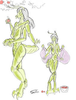 4_arms age_difference antennae_(anatomy) arthropod_abdomen carapace digitigrade exoskeleton eyelashes eyes_closed female green_body grey_hair hair long_legs long_neck mandibles multi_arm multi_limb nude older_female slim tall yellow_body serth arthropod insect hi_res sketch