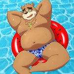 anthro belly big_belly blush brown_body brown_fur eyes_closed eyewear fur glasses kemono lying male moobs navel overweight overweight_male solo water yaki_atsuage lifewonders tokyo_afterschool_summoners volos_(tas) bear mammal 1:1 2022 hi_res