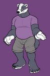 anthro body_horror bottomwear clothing eyebrows eyewear foot_hands glasses male overweight overweight_male purple_background raised_eyebrow shirt shorts simple_background slightly_chubby smile smirk solo t-shirt topwear fetishame badger mammal mustelid musteline 2:3 absurd_res hi_res