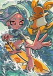 ambiguous_gender anthro balancing blue_eyes clothing duo ear_piercing hand_outstretched leg_strap male no_shoes piercing pokeball red_eyes smile surfing swimwear tail_surfing water wave peachquail nintendo pokemon splatoon octoling_girl generation_1_pokemon humanoid pokemon_(species) raichu hi_res