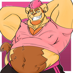 anthro black_bottomwear black_clothing black_shorts body_hair bottomwear clothing ear_piercing flexing gauged_ear hair male musclegut muscular piercing pink_clothing pink_hair pink_shirt pink_topwear presenting shirt shorts smile smiling_at_viewer smug solo topwear randomheck randomrusso hugh_(lizard_soup) felid lion mammal pantherine 1:1 2023 absurd_res hi_res