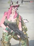 airsoft_gun anthro armor breasts bulletproof_vest camo clothing female gear gloves gun hair handwear nipple_outline pink_body pink_hair ranged_weapon solo weapon kyjaanka canid canine felid feline fox mammal serval absurd_res hi_res