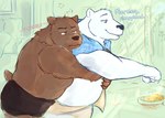 anthro black_nose brown_body clothing cooking dialogue duo hug hugging_another hugging_from_behind male male/male overweight overweight_male text tired underwear white_body tribdinosaur shirokuma_cafe grizzly_(shirokuma_cafe) shirokuma bear mammal polar_bear ursine 2023 english_text hi_res