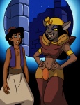 anthro black_hair dboy disney disney's_aladdin domestic_cat duo felid feline felis female grin hair human male mammal mirage_(disney) navel smile