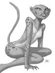 anthro biped breasts claws featureless_breasts female fur kneeling looking_at_viewer markings nude simple_background solo spots spotted_body spotted_fur martin_koza mk01 dc_comics justice_league cheetah_(dc) cheetah felid feline mammal 3:4 greyscale monochrome