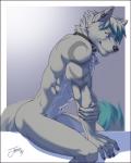 2016 abs anthro biceps biped black_nose butt canid canine canis claws collar crash_azarel_(character) ear_piercing feralise fur grey_background grey_body grey_fur grey_hair grey_tail hair looking_at_viewer male mammal mane mane_hair multicolored_body multicolored_fur muscular muscular_anthro muscular_male nude piercing side_view simple_background sitting smile solo tail two_tone_body two_tone_fur white_body white_fur wolf yellow_eyes
