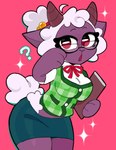 anthro bell bottomwear breasts clipboard clothing cosplay eyewear female fur glasses green_bottomwear green_clothing green_skirt green_topwear green_vest hair horn pink_background ponytail purple_body purple_skin question_mark red_eyes red_ribbon simple_background skirt solo sparkles thick_thighs topwear vest white_body white_fur white_hair white_wool wool_(fur) krinjuicy animal_crossing cult_of_the_lamb massive_monster_(studio) nintendo isabelle_(animal_crossing) lamb_(cult_of_the_lamb) bovid caprine mammal sheep hi_res