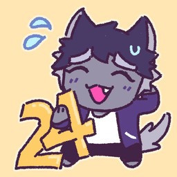 3_fingers anthro black_bottomwear black_clothing black_hair black_pants blush bodily_fluids bottomwear chibi clothing eyes_closed fingers fur grey_body grey_fur hair jacket male number pants purple_clothing purple_jacket purple_topwear shirt smile solo standing sweat sweatdrop tail topwear white_clothing white_shirt white_topwear 90percentdenny 90_percent_studios purrfect_apawcalypse sparky_fritz canid canine canis domestic_dog mammal 1:1 promotional_material