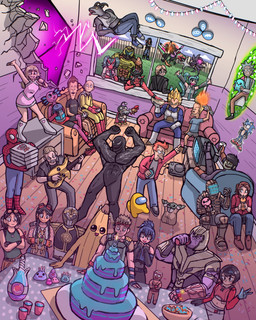 accessory ambiguous_gender anniversary anthro armor balloon baseball_cap bass_guitar belt belt_buckle beverage birthday birthday_cake black_body black_hair blonde_hair blue_body blue_fur blue_hair bodysuit boots bottle bottomwear bowl box brown_hair buckle building building_destruction cake carrying_another ceiling celebration chips_(food) chug_jug clothing cloud coat confetti container controller cracks crop_top crossed_arms cup damaged_building damaged_wall dancing day denim denim_bottomwear denim_clothing dessert destruction detailed_background disposable_cup dress dresser drinking drinking_glass drinking_straw electronics eyewear eyewear_on_head female fence feral fire floor food footwear fruit fur furniture game_console game_controller gauntlets gingerbread_man glass glass_container glass_cup gloves goggles goggles_on_head grass green_body green_skin grey_body grey_fur grey_hair group guitar hair hair_on_fire handwear hat headband headgear headwear helmet holding_controller holding_game_controller holding_object horizontal_pupils horn infinity_gauntlet inflatable inside jacket jeans kerchief lab_coat large_group looking_at_another looking_up looking_up_at_another male mask microphone musical_instrument necktie newspaper number open_mouth orange_hair pants party party_hat pink_body pizza_box plant playing_guitar playing_music plucked_string_instrument portal pupils purple_body purple_skin red_body red_skin shirt shoes shorts skinsuit sky smile soda soda_bottle sofa string_instrument string_lights suit suit_jacket sunglasses sunglasses_on_head tank_top television text text_on_clothing text_on_shirt text_on_topwear tight_clothing tongue tongue_out topwear underarm_carry wall_(structure) white_body white_skin window wine_glass wire wood wood_floor yellow_eyes renegado92k adult_swim ambient_among_us among_us beavis_and_butt-head capcom cartoon_network coffee_stain_studios comedy_central daft_punk dead_space doom_(series) dragon_ball electronic_arts epic_games fortnite futurama goat_simulator gorillaz id_software innersloth marvel metallica microsoft one-punch_man one_(manga) power_rangers resident_evil rick_and_morty sega sonic_the_hedgehog_(series) spider-man_(series) star_wars the_binding_of_isaac_(series) the_mandalorian visceral_games vocaloid android_17 axo_(fortnite) beavis bonesy butt-head claire_redfield crewmate_(among_us) desdemona_(fortnite) din_grogu doom_slayer evie_(fortnite) guy-manuel_de_homem-christo hatsune_miku hope_(fortnite) isaac_(tboi) isaac_clarke james_hetfield jonesy_(fortnite) jules_(fortnite) kevin_the_cube luke_skywalker murdoc_niccals nemia_(fortnite) nibbler peely philip_j._fry pilgor_(goat_simulator) ramirez_(fortnite) rick_sanchez sabrina_carpenter saitama_(one-punch_man) sonic_the_hedgehog spider-man_(character) thanos thomas_bangalter vegeta venom_(marvel) white_ranger alien amphibian anthozoan avian axolotl bird bovid canid canine canis caprine chicken cnidarian coral demon demon_humanoid dinosaur domestic_dog dromaeosaurid elemental_creature flora_fauna food_creature galliform goat human humanoid living_banana living_fruit mammal marine mole_salamander nibblonian onimorph_(fortnite) phasianid prehistoric_species reptile salamander saurischian scalie theropod water_sprite_(fortnite) yoda's_species 2025 4:5 absurd_res crossover hi_res