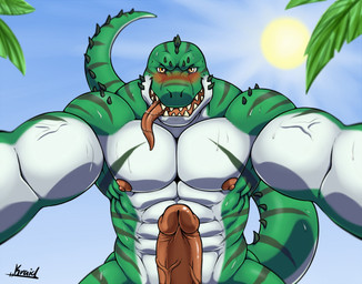 abs beach biceps blush bodily_fluids erection genitals looking_at_viewer male muscular muscular_male nipples nude penis plant seaside smile solo sun sweat tongue tongue_out tree urethra yellow_eyes kraidhiel bryan_(kraidhiel) crocodile crocodilian reptile scalie 2018 hi_res