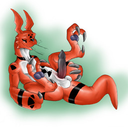 animal_genitalia anus balls claws erection eyes_closed fellatio genital_slit genitals legs_up male nude oral penile penis reclining sex smile solo narse bandai_namco digimon digimon_(species) guilmon 2005