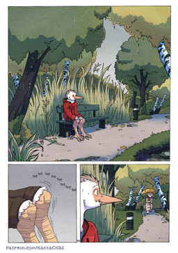 5_fingers anthro barefoot bench clothed clothed_anthro clothed_male clothing coat duo feathers feet female fingers fur hoodie hooves humanoid_hands interspecies male male/female nervous on_bench page_number park park_bench plant raining sitting sitting_on_bench tan_body tan_fur text topwear tree umbrella walking white_body white_feathers kantachibli clover_(kantachibli) phillip_(kantachibli) avian bird bovid bovine cattle heron mammal pelecaniform comic hi_res url