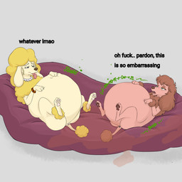 abdominal_bulge accessory anal anal_vore anus belly belly_rub digestion digestion_noises duo fart fart_cloud fart_fetish female female/female feral gassy lying on_back oral_vore pawpads paws profanity soft_vore speech_bubble text vore ashantihyena britni_pike diana_litta_(ashanti) canid canine canis domestic_dog mammal poodle 1:1 absurd_res english_text hi_res