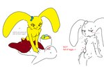 anthro asking_another basket blue_body blush bodily_fluids breasts brown_body candy chocolate container dessert directional_arrow easter_basket easter_egg ellipsis emanata featureless_breasts female female_on_top floppy_ears food fur grey_text hand_on_chest hand_on_own_belly holidays human_on_bottom looking_aside male narrowed_eyes on_top open_mouth open_smile red_text scut_tail short_tail simple_background sitting_on_another smile solo suggestive_dialogue sweat sweatdrop tail text white_background yellow_body yellow_fur theonetruesinner easter fakemon peeps mochamel_(theonetruesinner) food_creature human lagomorph leporid living_marshmallow mammal rabbit english_text