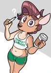 barista bottomwear brown_body brown_eyes brown_fur brown_hair bulge clothing coffee_cup container crop_top cup dolphin_shorts femboy fur hair hotpants looking_at_viewer male navel pen question_mark shirt shorts solo spots standing text topwear white_clothing white_shirt white_topwear acstlu dylan_(gorenannurs) deer mammal 2022 digital_media_(artwork) english_text hi_res