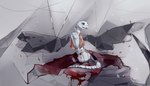 abstract_background albino anthro arm_markings belly belly_markings big_tail biped blood bodily_fluids cape cape_only capelet clothing crying eyelashes female front_view frown grey_markings hands_together leg_markings long_neck long_tail looking_away markings mostly_nude neck_markings open_frown open_mouth orange_cape orange_clothing pattern_cape pattern_clothing pink_tongue red_eyes round_head sad shadow sitting solo tail tail_markings tears thick_tail thigh_markings tongue tribal tribal_markings white_body white_skin white_tail wings stercore_murum overlord_(series) crusch_lulu lizard lizardman lizardman_(overlord) reptile scalie 2021 artist_name digital_media_(artwork) digital_painting_(artwork) hi_res shaded soft_shading