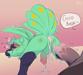 anthro anus ass_up balls beak blush blush_lines blushing_profusely bodily_fluids butt butt_focus cum cum_in_ass cum_inside cumshot dialogue duo ejaculation erection feathered_wings feathers genital_fluids genitals hair heart_symbol male nude onomatopoeia open_mouth penis praise presenting presenting_hindquarters rear_view simple_background smile solo_focus sound_effects speech_bubble spread_legs spreading sweat sweatdrop tail teal_body teal_hair text wings lustwasp elliot_(parchmentbearer) avian bird galliform peafowl phasianid absurd_res digital_media_(artwork) english_text hi_res