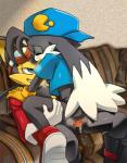 blush clothed clothing duo furniture hat headgear headwear male male/male shirt sofa topwear foru-ko bandai_namco klonoa_(series) pac-man_(series) guntz klonoa pac-man canid canine canis domestic_cat felid feline felis mammal wolf censored low_res