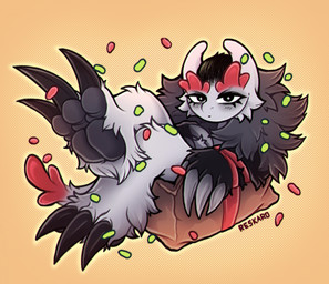 ambiguous_gender anthro black_hair box claw_fingers claws confetti container crossed_legs eyelashes feet foot_focus fur gift_box gradient_background grey_body grey_fur hair horn in_box in_container looking_at_viewer lying nude on_back restrained_arms simple_background solo star_eyes tail text reskaro reskaro_kern_(reskaro) unknown_species artist_name hi_res