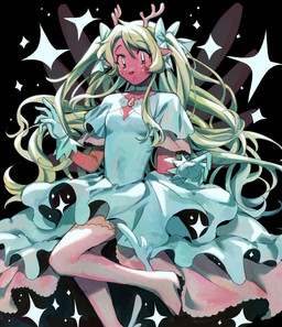 anthro black_background blonde_hair brown_body brown_fur clothing dress female fur gloves hair handwear horn simple_background solo white_clothing white_dress goomyloid deltarune undertale_(series) noelle_holiday deer mammal new_world_deer reindeer 2025 hi_res