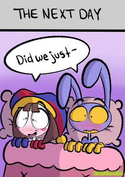 4_fingers after_sex anthro bed blush duo female fingers furniture male nervous nervous_smile shared_dialogue shared_speech_bubble speech_bubble surprised text time_skip ddfreakyart glitch_productions the_amazing_digital_circus jax_(tadc) pomni_(tadc) humanoid lagomorph leporid mammal rabbit comic english_text hi_res