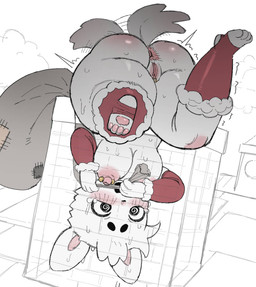 animal_ears anthro anus areola biped blush breasts butt chimney clothing detailed_background female fur genitals nipples outside red_clothing solo stuck thick_thighs vulva white_body jingzhou14848 mammal hi_res