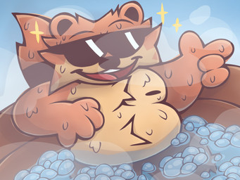 anthro bodily_fluids bubble eyewear gesture glasses hand_gesture hot_tub male nipples nude null overweight overweight_male pointing smile solo sparkles steam sweat justwatchingthings undertale_yellow mo_(undertale_yellow) mammal procyonid raccoon 4:3 hi_res