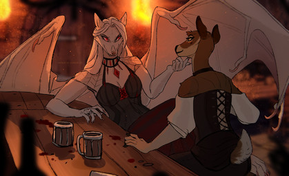 anthro bustier clothing dress duo female female/female hair tavern white_hair wings natalie_de_corsair august_(defenbaugh) canid canine deer fox mammal vampire
