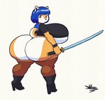 anthro big_breasts big_butt blue_hair boots breasts butt clothing female footwear hair half-closed_eyes high_heeled_boots high_heels holding_katana holding_melee_weapon holding_object holding_sword holding_weapon huge_breasts huge_butt katana legwear looking_at_viewer looking_back melee_weapon multicolored_body narrowed_eyes red_eyes shirt shoes short_stack solo sword thigh_highs thong topwear two_tone_body under_boob underwear weapon tansau kyoko_(hnelover) canid canine canis domestic_dog mammal shiba_inu spitz 2023 hi_res