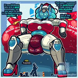 anthro balls balls_outline biped blue_eyes bodily_fluids boots bottomwear breasts bulge christmas_clothing christmas_headwear clothed clothing detailed_bulge extreme_size_difference footwear genital_outline genitals hair hat headgear headwear herm high_heeled_boots high_heels holidays imminent_vore intersex legwear machine macro micro nervous open_mouth sack santa_hat shoes simple_background size_difference solo sweat teasing text thick_thighs underwear nagifur christmas a1_(nagifur) alien goo_creature hybrid mammal robot digital_media_(artwork) english_text