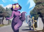 anthro blurred_background bouncing_breasts breasts clothed clothing exhibitionism eyewear female fur genitals glasses hair looking_back navel nipples nude open_mouth public public_nudity purple_body purple_fur pussy streaking feliscede felix_(feliscede) domestic_cat felid feline felis mammal digital_media_(artwork) shaded