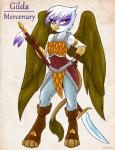 2015 ambris anthro anthrofied armor avian beak brown_body brown_feathers feathered_wings feathers female friendship_is_magic gilda_(mlp) gryphon hasbro hi_res looking_at_viewer melee_weapon my_little_pony mythological_avian mythological_creature mythology polearm purple_body purple_feathers solo spear tail weapon white_body white_feathers wings yellow_eyes